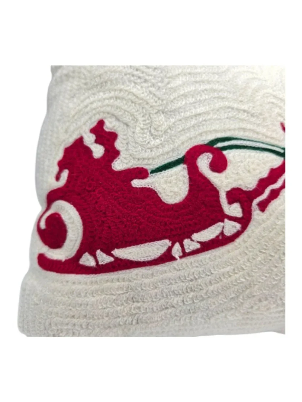 Santa Sleigh Reindeer Christmas Decorative Throw Pillow Ivory Red Cotton Wool